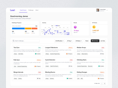 Coding Challenges Web App Dashboard challenge dashboard code practice coding dashboard coding skills developer dashboard developer tools interactive design learning platform learning tracker leet platform problem solving programming challenges progress tracker saas ui software development streak tracking task management ui design ux design xp points