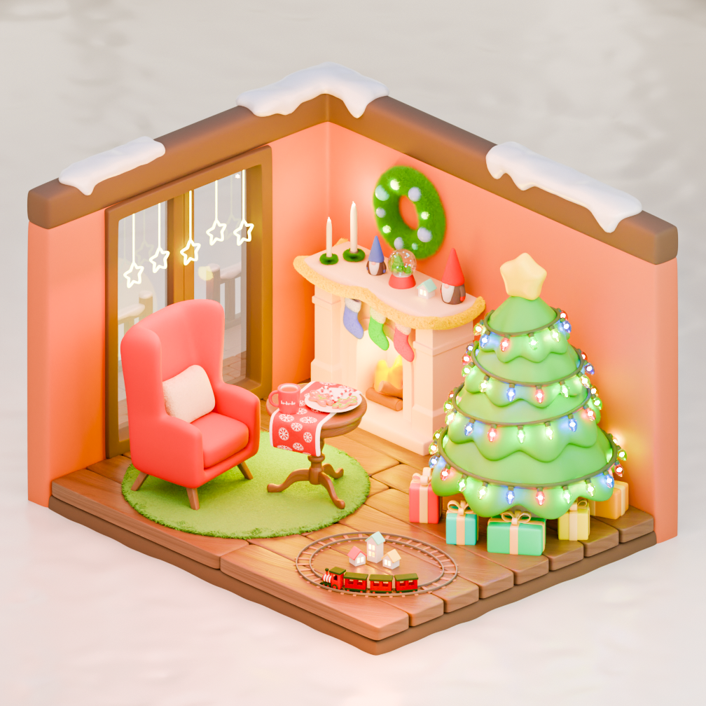 The Christmas Room 2025 3d 3dart 3dmodel 3dmodeler 3dmodels christmas cookies cute cute3d cuteart gift isometric present room snow soafi tree
