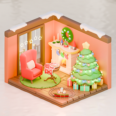 The Christmas Room 2025 3d 3dart 3dmodel 3dmodeler 3dmodels christmas cookies cute cute3d cuteart gift isometric present room snow soafi tree