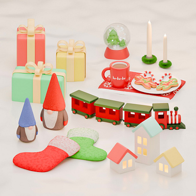 Christmas Props 2025 3d 3dart 3dmodel 3dmodeler 3dmodels christmas cookies cup cute3d cuteart engine gnome house present props snow socks tea tree