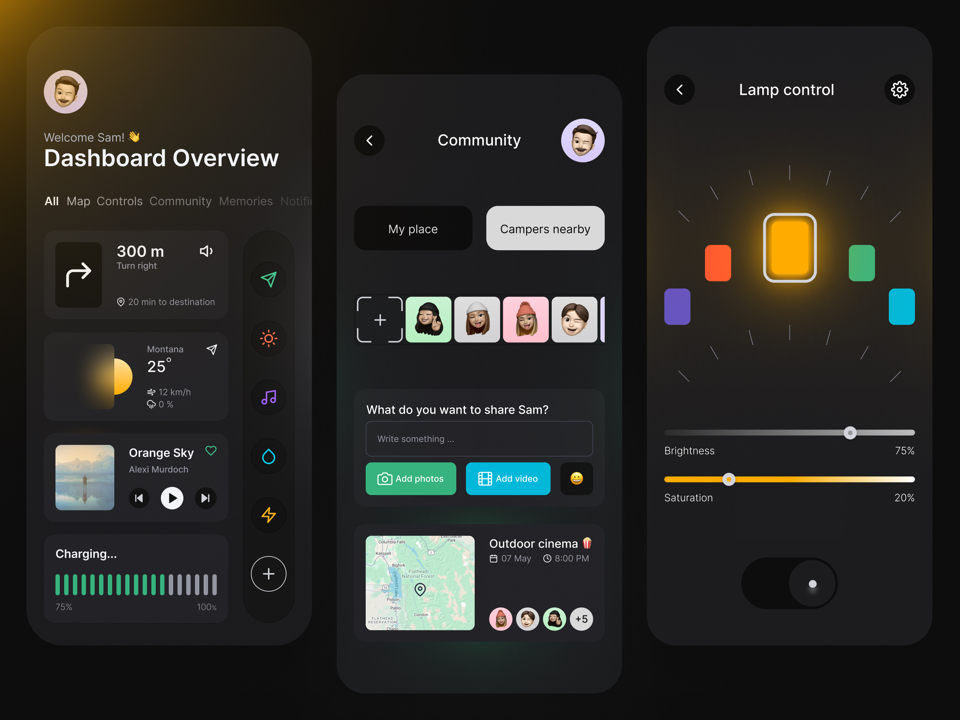 Smart Camper App 🚍⚡️ app app design branding car clean dark mode dark mode design dashboard design graphic design ios iphone minimal mobile mobile app settings smart car ui ux