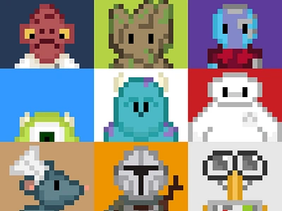 8-Bit Nostalgia akbar baymax character design disney graphic design groot illustration mandalorian mike wazowski nebula remy sullivan wall e