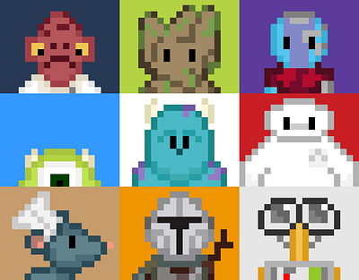 8-Bit Nostalgia akbar baymax character design disney graphic design groot illustration mandalorian mike wazowski nebula remy sullivan wall e