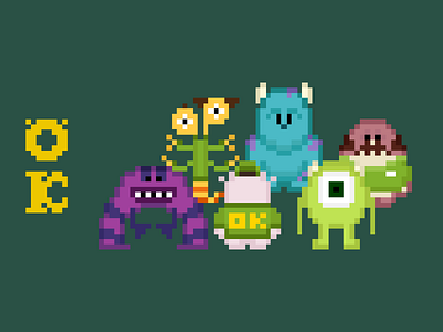 8-Bit Monsters, Inc. 8 bit character disney illustration mike wazowski monsters inc oozma kappa pixar sullivan