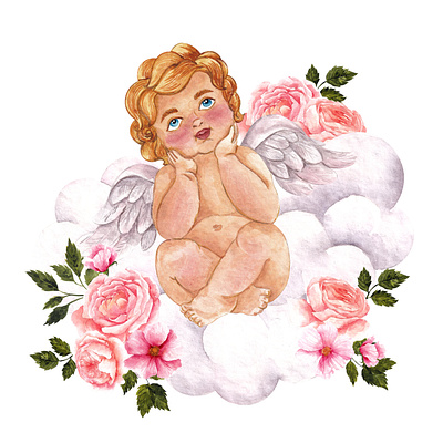 Watercolor cute Cupid. Hand draw illustration. angel cupid flowers hand draw illustration romantic spring valentines day watercolor