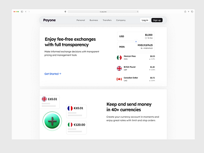 Payone - Exchange with zero fees app banking currency exchange finance startup ui ux web website