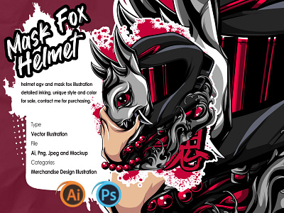 MASK FOX AND HELMET creative illustration design detailed digital illustration fox graphic artist graphic design helmet hoodie illustration illustrator japan mask red rider t shirt text white