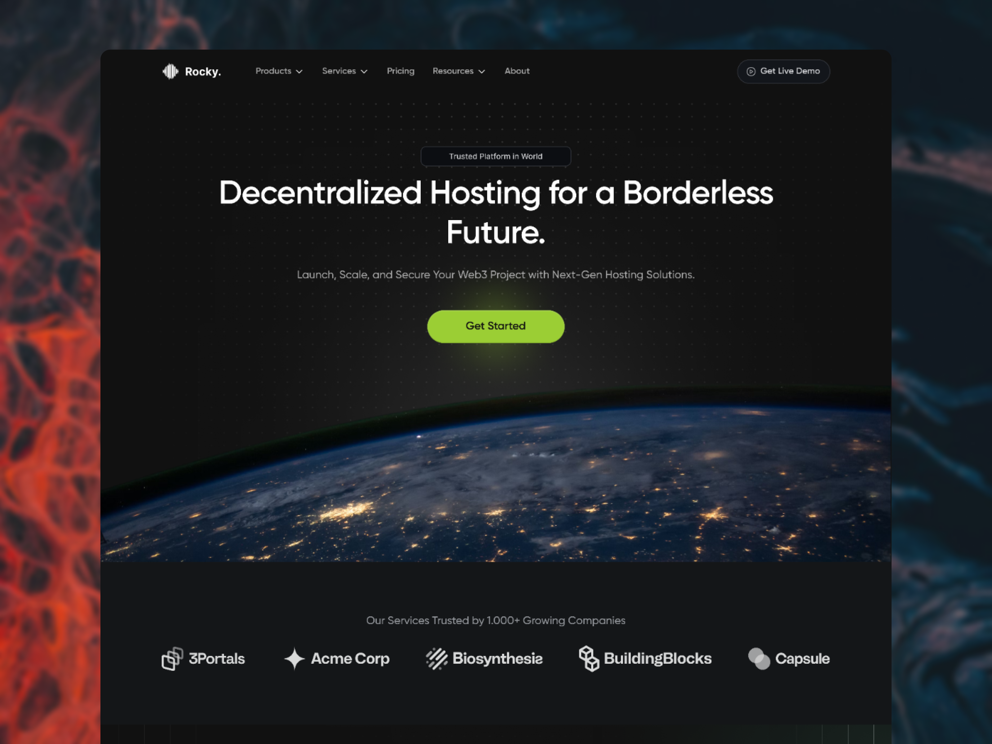 Rocky - Web3 Hosting Landing Page analytic bandwith blockchain business clean creator design developer domain expert hosting landing page pricing solutions ui uiux web web design web3 website