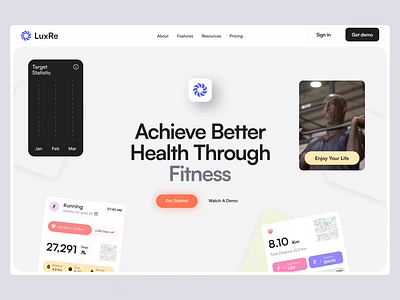 LuxRe - Health Tracker Platform animation chart design elementor fitness framer graph gym header health landing page platform software statistic ui webflow website wordpress