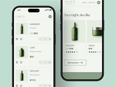 Velvety - Mobile Responsive Skincare Website Product Cart Page beauty card cart clean cosmetics ecommerce elegant health image imagery minimalist mobile modern organic products responsive shopping skin uiux website