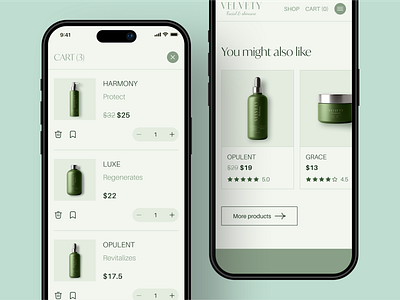 Velvety - Mobile Responsive Skincare Website Product Cart Page beauty card cart clean cosmetics ecommerce elegant health image imagery minimalist mobile modern organic products responsive shopping skin uiux website