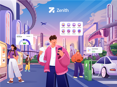 Zenith - Payment Gateway SuperApp Illustration 💰 bills expenses finance financial fintech futuristic gateway illustration logo orely payment purple split bill transaction transfer vibrant