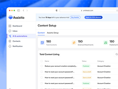 Chatbot Content Setup - Assistio ai ai assistant bot chatbot content content listing conversational ui customer support dashboard minimal saas setup ui ux ux web app