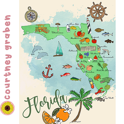 Florida Map Illustration by Courtney Graben art design digital art illustration pattern surface design surface pattern design