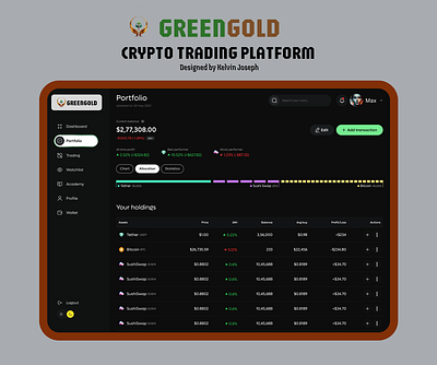 GreenGold Crypto Exchange crypto currency crypto exchange crypto portfolio crypto trading crypto ui crypto ux dashboard fintech trading platforms ui design ux design