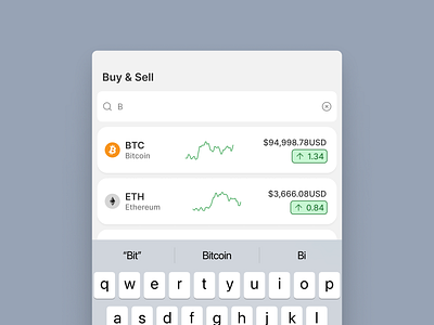 Buy/Sell component with search input crypto design mobile ui ux