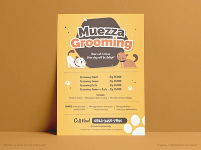 Muezza Grooming Flyer Design advertising cat cute design flyer graphic design grooming illustration marketing pet pets poster print printing