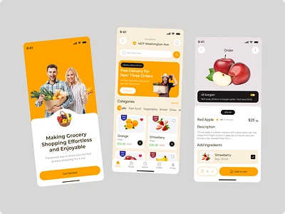 Grocery Mobile App app clean ui design eppreal estate fresh fruit fruit app fruit delivery groceries grocery grocery app grocery store listing appmobile mobile app orange app shopping store app ui uiux ux