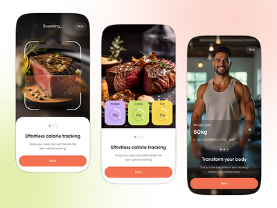 AI Based Food Calorie Tracker App activity ai ai assistant app design calorie diet fitness food calorie health ios log in minimal mobile onboarding sign up splashscreen tracking uiux weight lifting weight loss