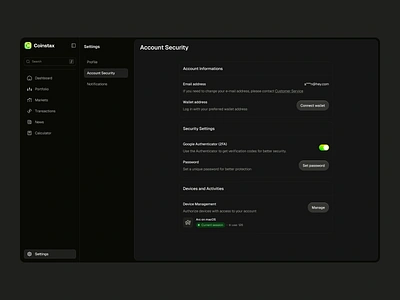 Coinstax: Settings - Account Security - Dark Mode account security account settings clean crypto dashboard dark dashboard dark mode web app dashboard dark mode dashboard settings saas dashboard saas settings settings settings dashboard settings page ui user interface web app dark mode web3 web3 dashboard