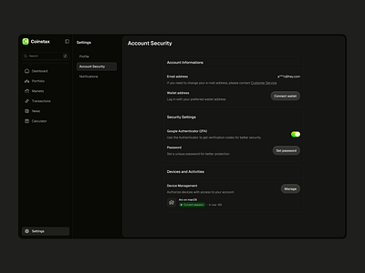 Coinstax: Settings - Account Security - Dark Mode account security account settings clean crypto dashboard dark dashboard dark mode web app dashboard dark mode dashboard settings saas dashboard saas settings settings settings dashboard settings page ui user interface web app dark mode web3 web3 dashboard