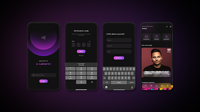 Audio Listening App app design audio app audiobook blue and purple gradient dark theme genz app gradient app home screen loginflow onboarding otp login purple app ui ux