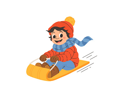 Winter fun boy cartoon character concept cute design flat illustration sledge vector winter