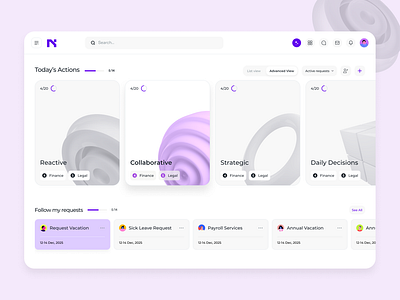 Workflow Dashboard for Today's Actions & Requests application cleandesign dailytasks dashboarddesign minimaldesign requesttracking taskmanagement uiuxdesign webappdesign