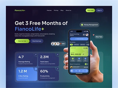 Landing Page for a Financial App app arobix azbin banner dark mood defi finance fintech futuristic header hero section landing page offer onboarding ui uiux us user interface web website