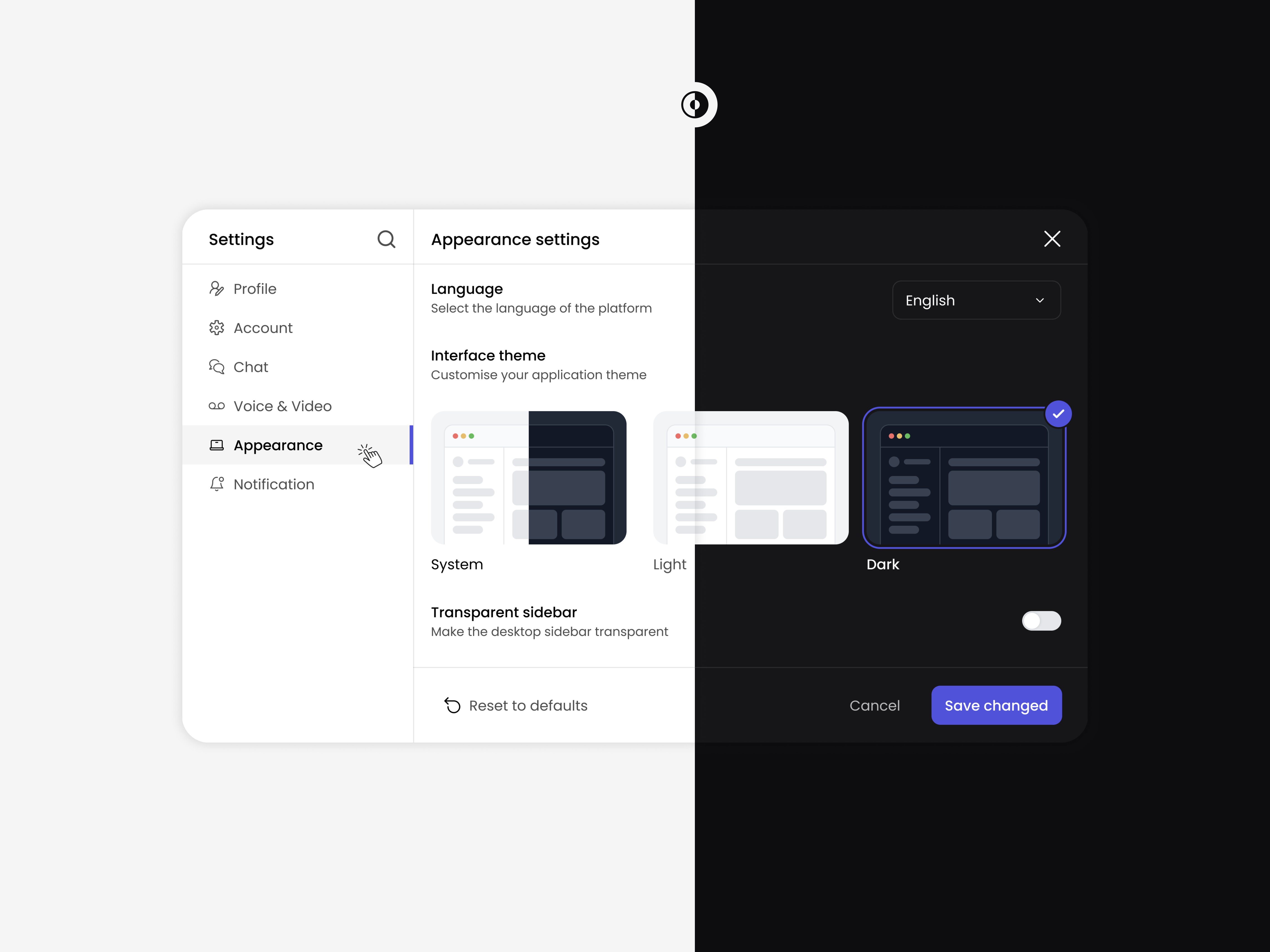 User Settings appearance dark design light mode settings ui user profile ux