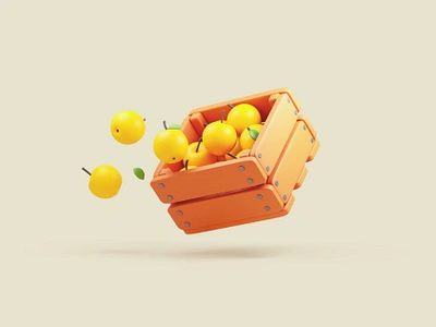 Stylized wooden box with fresh yellow apples. stylized