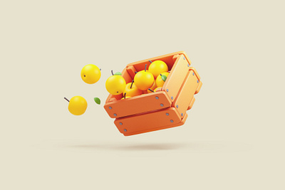 Stylized wooden box with fresh yellow apples. stylized