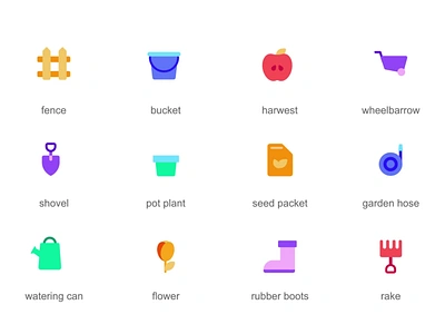 Garden 2d Icons Set Animation 2d animation bucket fence flat flower garden garden hose gardening harvest icons illustration motion pot plant rake rubber boots seed packet shovel watering can wheelbarrow