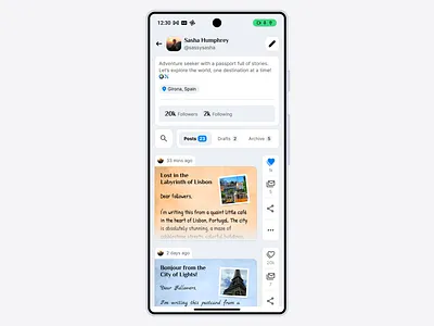 My Profile app mobile posts profile page social media ui