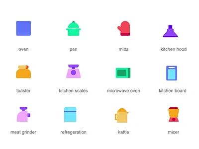 Kitchen 2d Icons Set Animation 2d animation cooking flat icons illustration kettle kitchen kitchen board kitchen hood kitchen scales meat grinder microwave oven mitts mixer motion oven pen refrigeration toaster