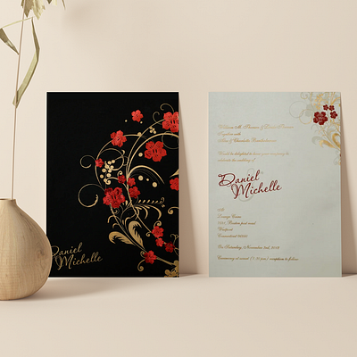 Black Matte Floral Themed - Foil Stamped Wedding Invitation