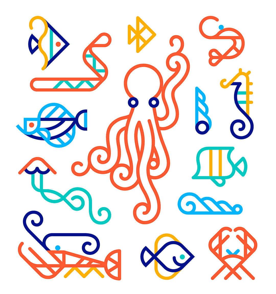 Marine designs / Biotherm adobe illustrator curves design draw fish geometry icons illustration lineart logo logo design marine octopus sea simple synthesis vector