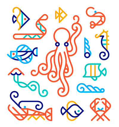 Marine designs / Biotherm adobe illustrator curves design draw fish geometry icons illustration lineart logo logo design marine octopus sea simple synthesis vector