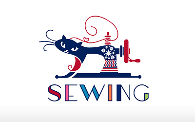 Creative Cat Crafting Sewing Machine Logo Design Vector Icon tailoring