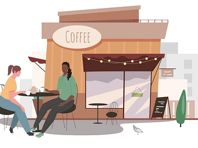 Meeting At The Cafe 2D Animation 2d animation cafe casual city life coffee break coffee shop conversation exterior flat friends illustration interaction lunch meeting motion urban women workspace