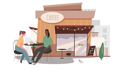 Meeting At The Cafe 2D Animation 2d animation cafe casual city life coffee break coffee shop conversation exterior flat friends illustration interaction lunch meeting motion urban women workspace