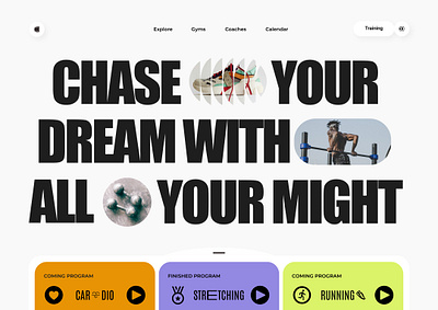 Main page for gym website design dynamic fitness fitness goals fitness platform fitness website gym gym website hero hero section landing page main page mask masks minimalist motivation ui ux webdesign website