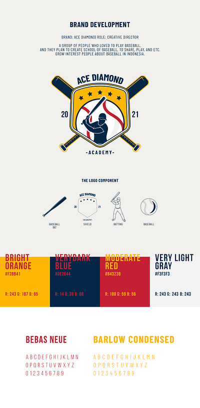 Ace Diamond Brand Development academy ball baseball brand brand book brand development brand guideline branding concept design font graphic design logo logo design navy blue school yellow