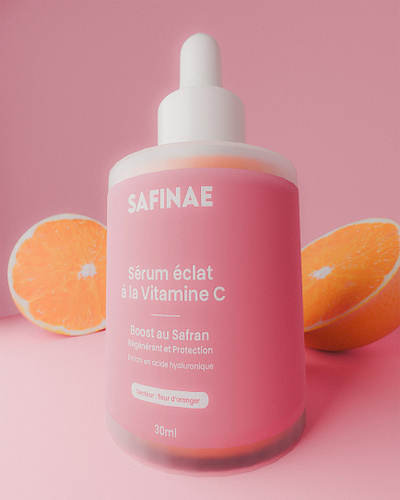 Radiant Skincare Visuals for SAFINAE 🌸✨ 3d 3d modeling 3d visuals color grading cosmetic branding creative direction design graphic design lighting logo packaging design skincare texturing vitamin c serum