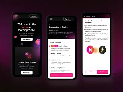 LEOS | Unlock the Future of Learning Web3 app crypto dark theme design fucsia graphic design learning mobile pink responsive stack ui ux