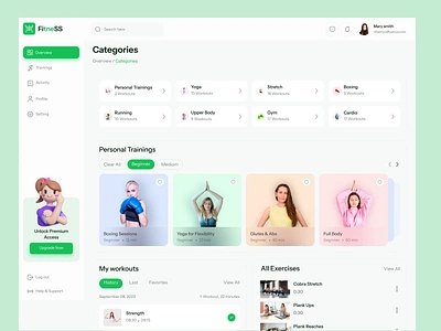 Fitness Management Dashboard animation body body building boxing cardio categories clean dashboard design fitness fitness management gym minimal product start up training uiux uiux designer webapp yoga