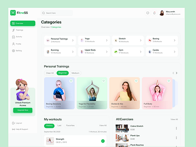 Fitness Management Dashboard animation body body building boxing cardio categories clean dashboard design fitness fitness management gym minimal product start up training uiux uiux designer webapp yoga