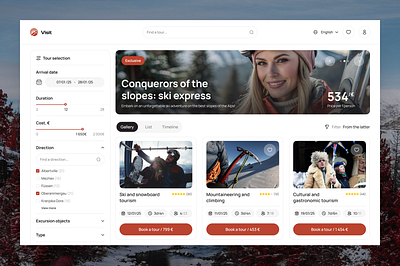 Tour booking, mountain climbing, skiing | Web Design development mountain mountain climbing no code no code development nocode skiing tour ui design ui ux web web design web development