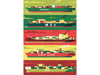 Behemoths adobe big clouds container editorialillustration green illustration illustrator journalerrratum muti ocean red ship ships texture vector yellow