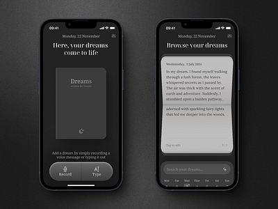 yume, a dream journalling app 🌙 app design dream journal minimal app monochrome ui